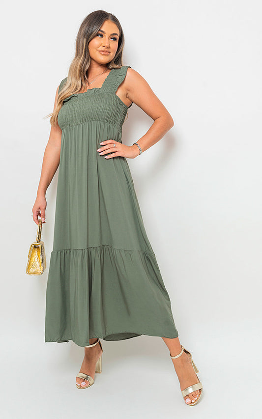 Wide Ruffle Strap Smocked Midi Dress