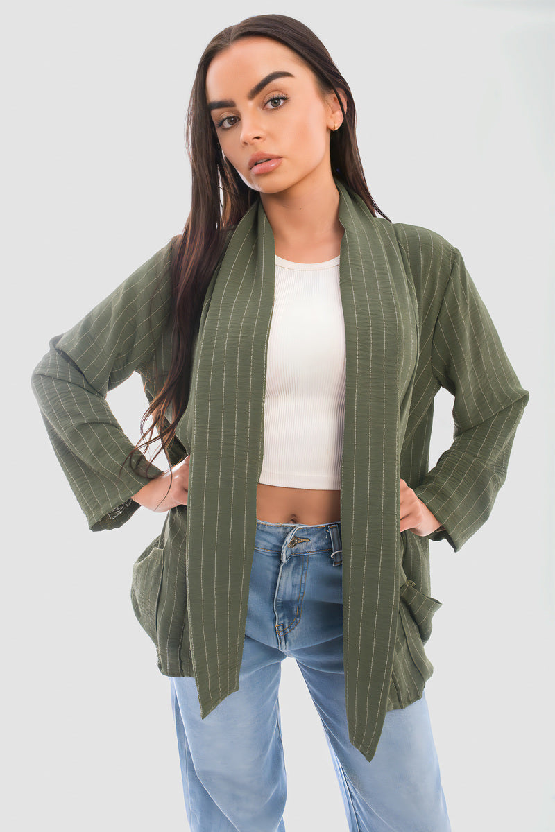 Oversized Striped Long Sleeve Cardigan with Pockets