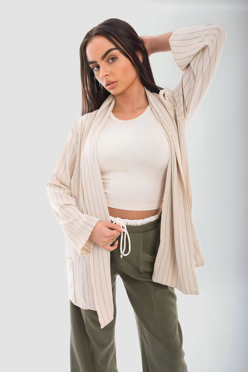 Oversized Striped Long Sleeve Cardigan with Pockets