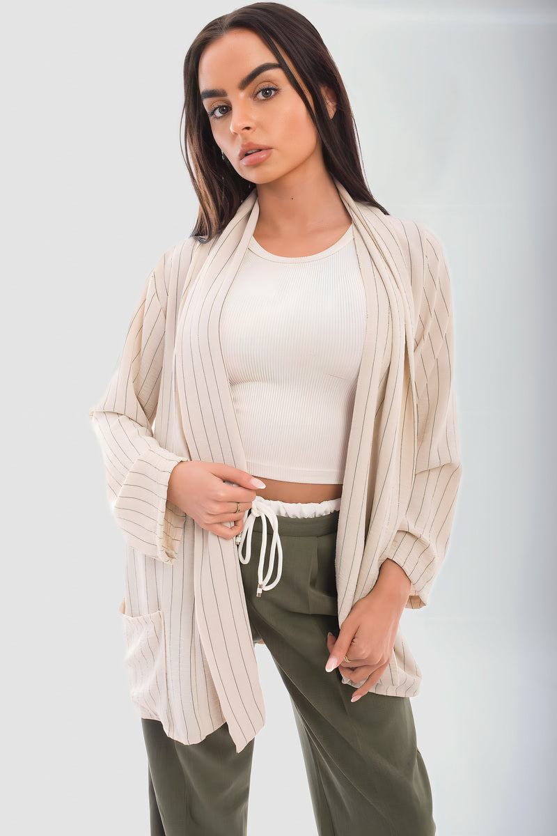 Oversized Striped Long Sleeve Cardigan with Pockets