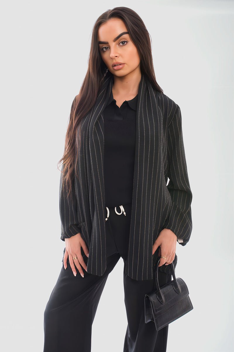 Oversized Striped Long Sleeve Cardigan with Pockets