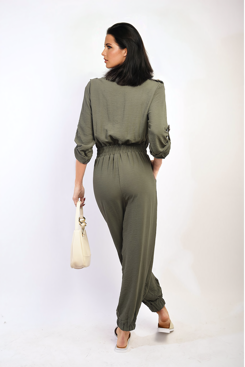 Collar Button-Front Jogger Drawstring Jumpsuit