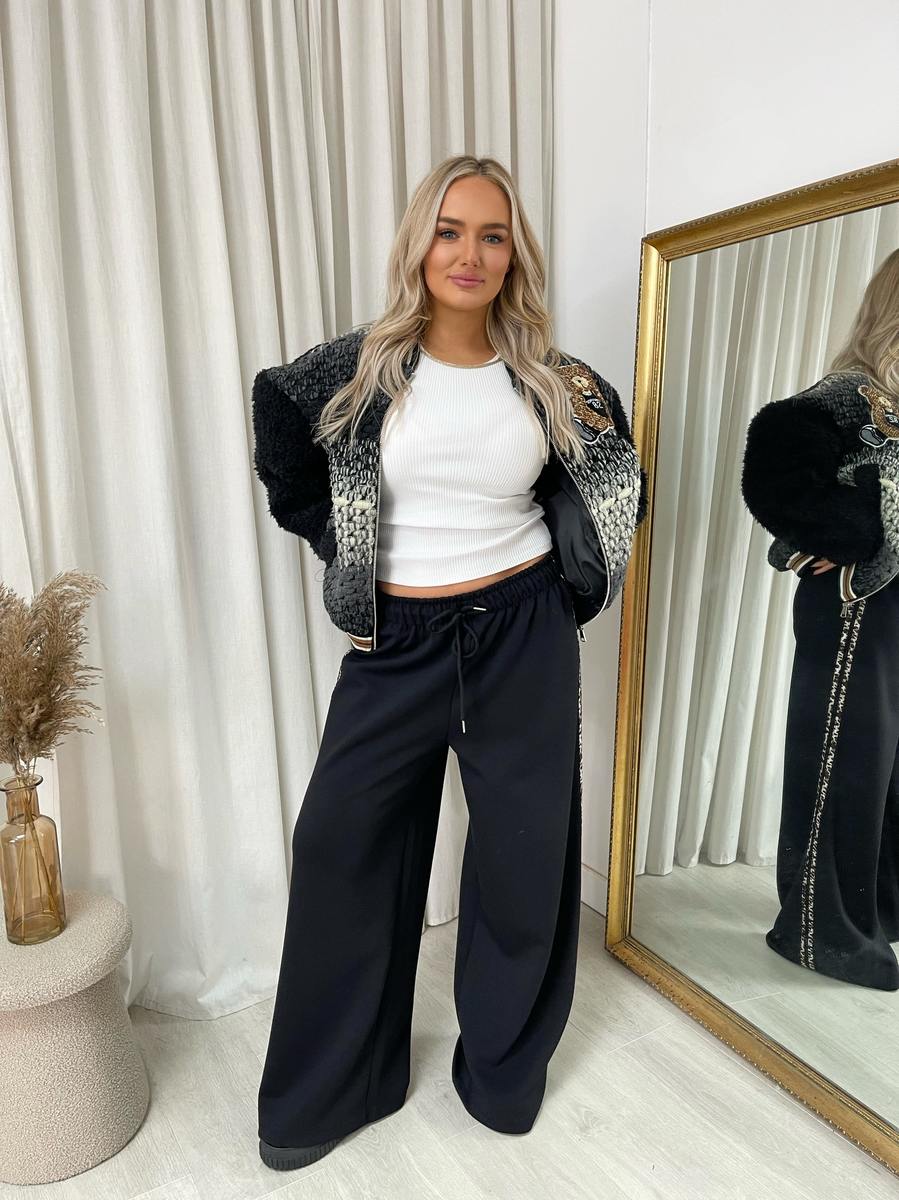 Wide Leg Lounge Trousers with Leopard Trim