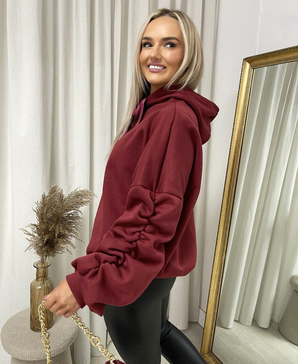 Oversized Ruched Sleeves Knitted Hoodie with Ribbon Detail