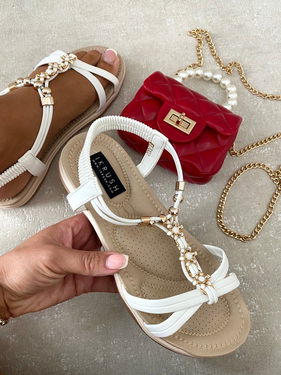 Decorative Pearl Floral T-Strap Flat Sandals