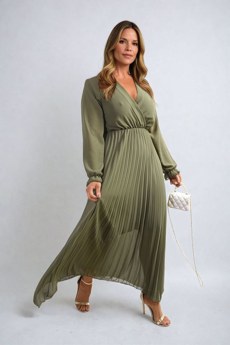 Long Sleeve V-Neck Pleated Maxi Dress