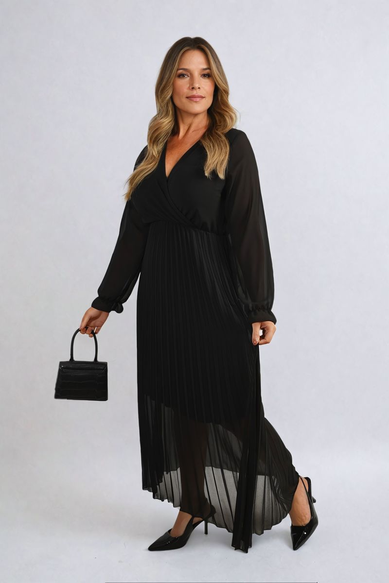 Long Sleeve V-Neck Pleated Maxi Dress