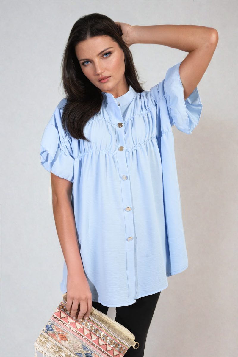 Button Down Pleated Frill Tops