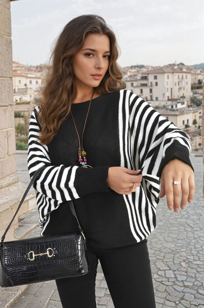 Striped Batwing Long Sleeve Knitted Jumper