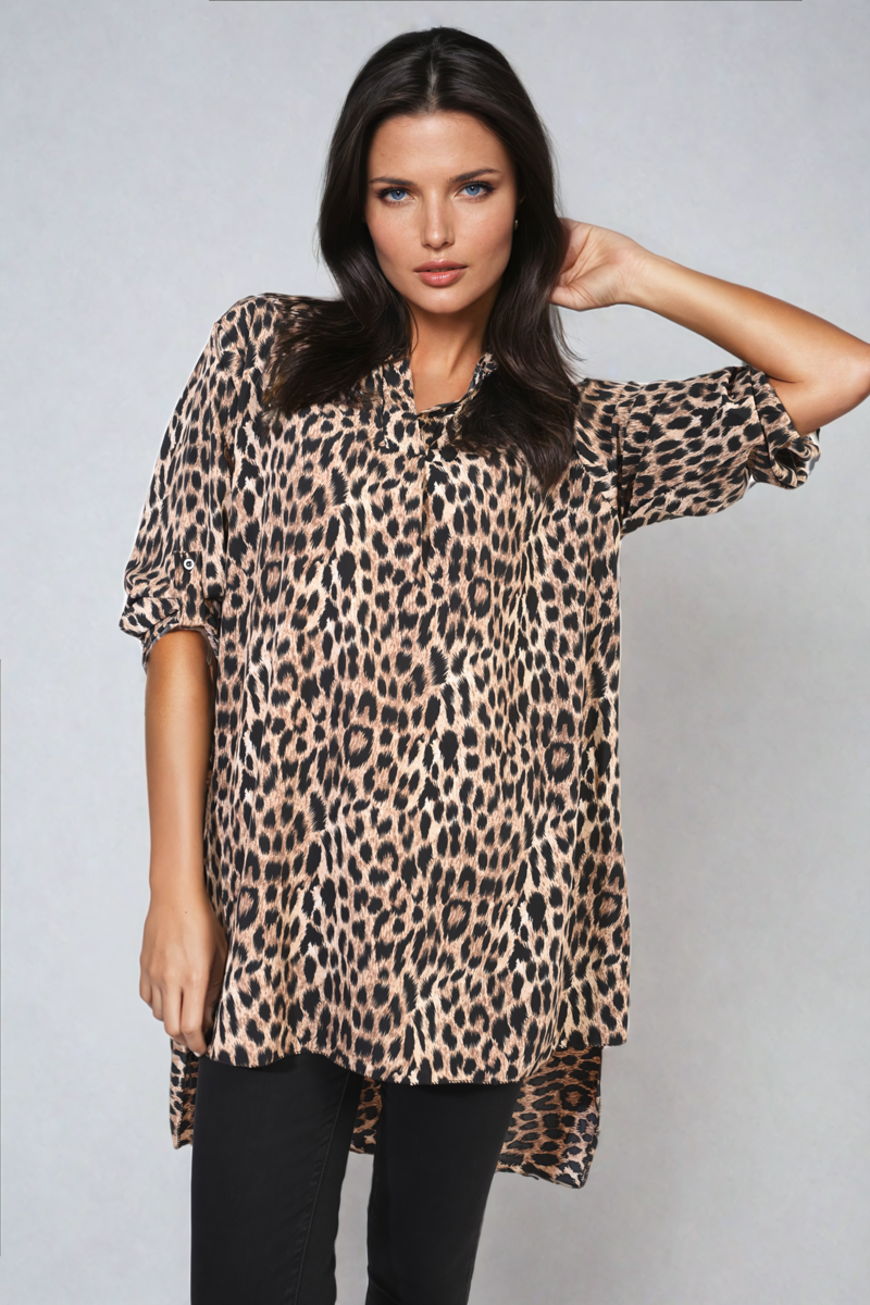 Oversized Leopard Print Button Down Batwing Sleeve Top