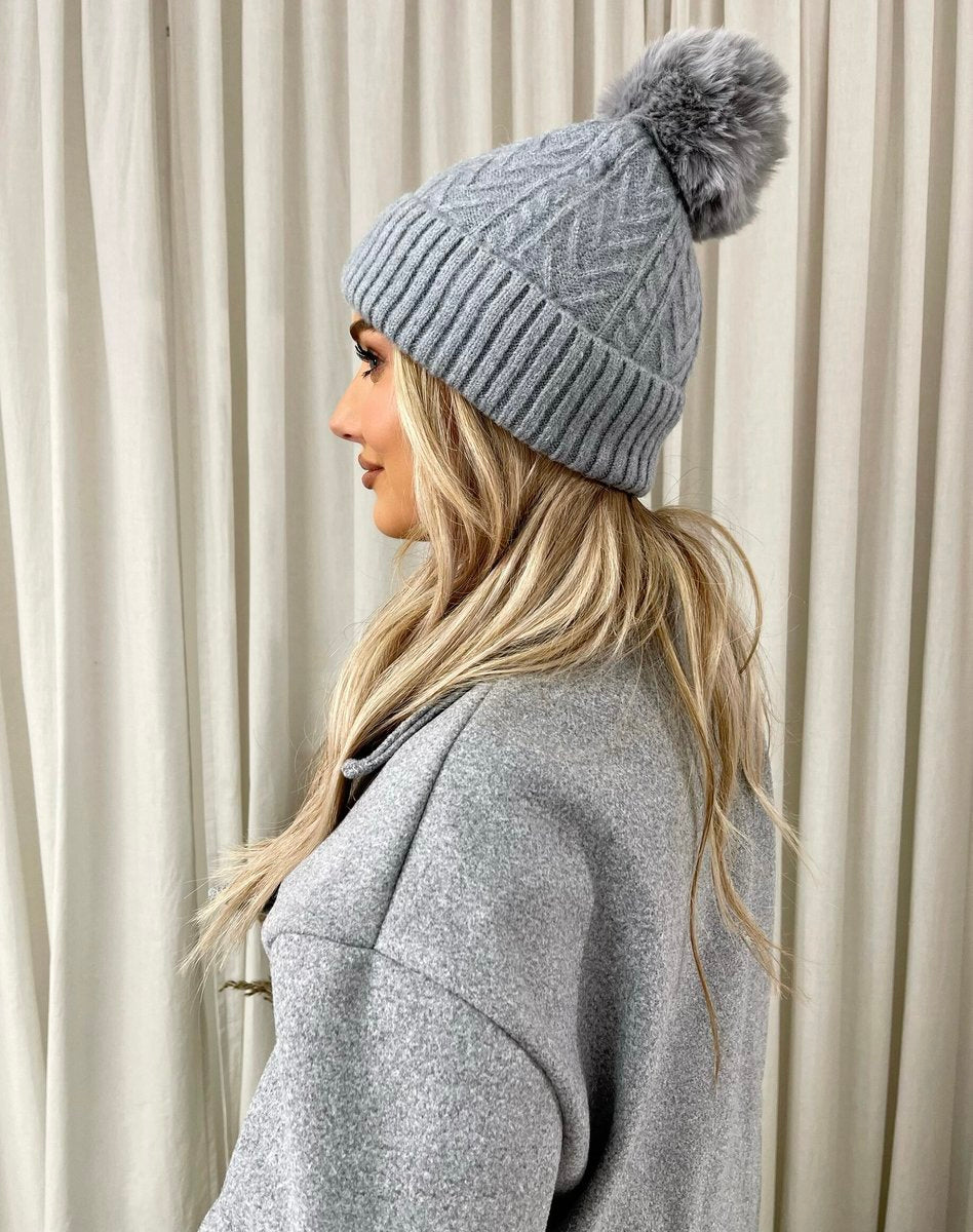 Chunky Knit Fur Pom Beanie Hat