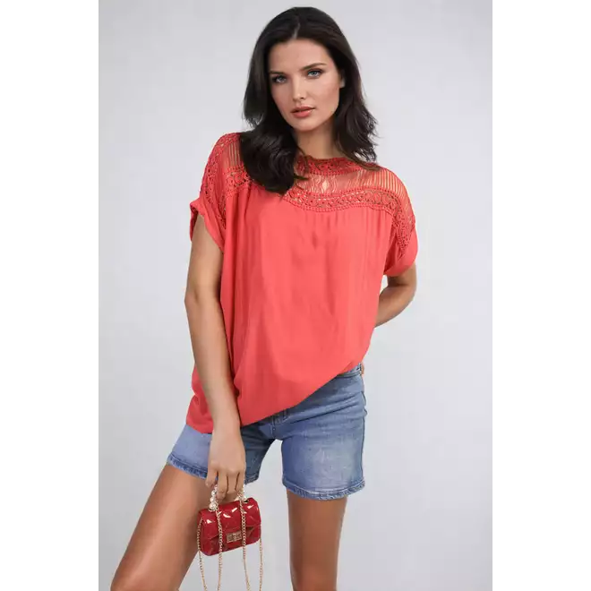 Lace Insert Round Neck Hollow Top