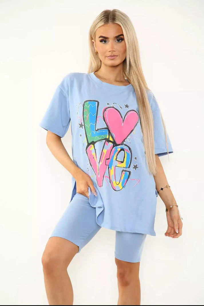 Love Side Slit Cycling Short and T-Shirts Co-Ord Two Piece Set with Front Love Slogan