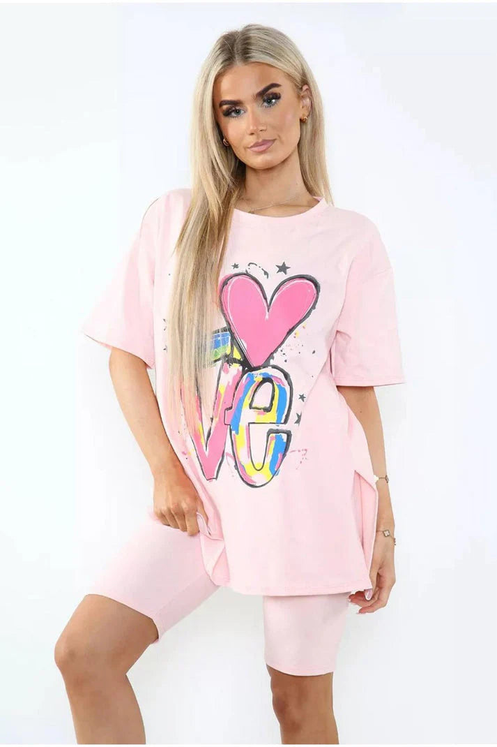 Love Side Slit Cycling Short and T-Shirts Co-Ord Two Piece Set with Front Love Slogan