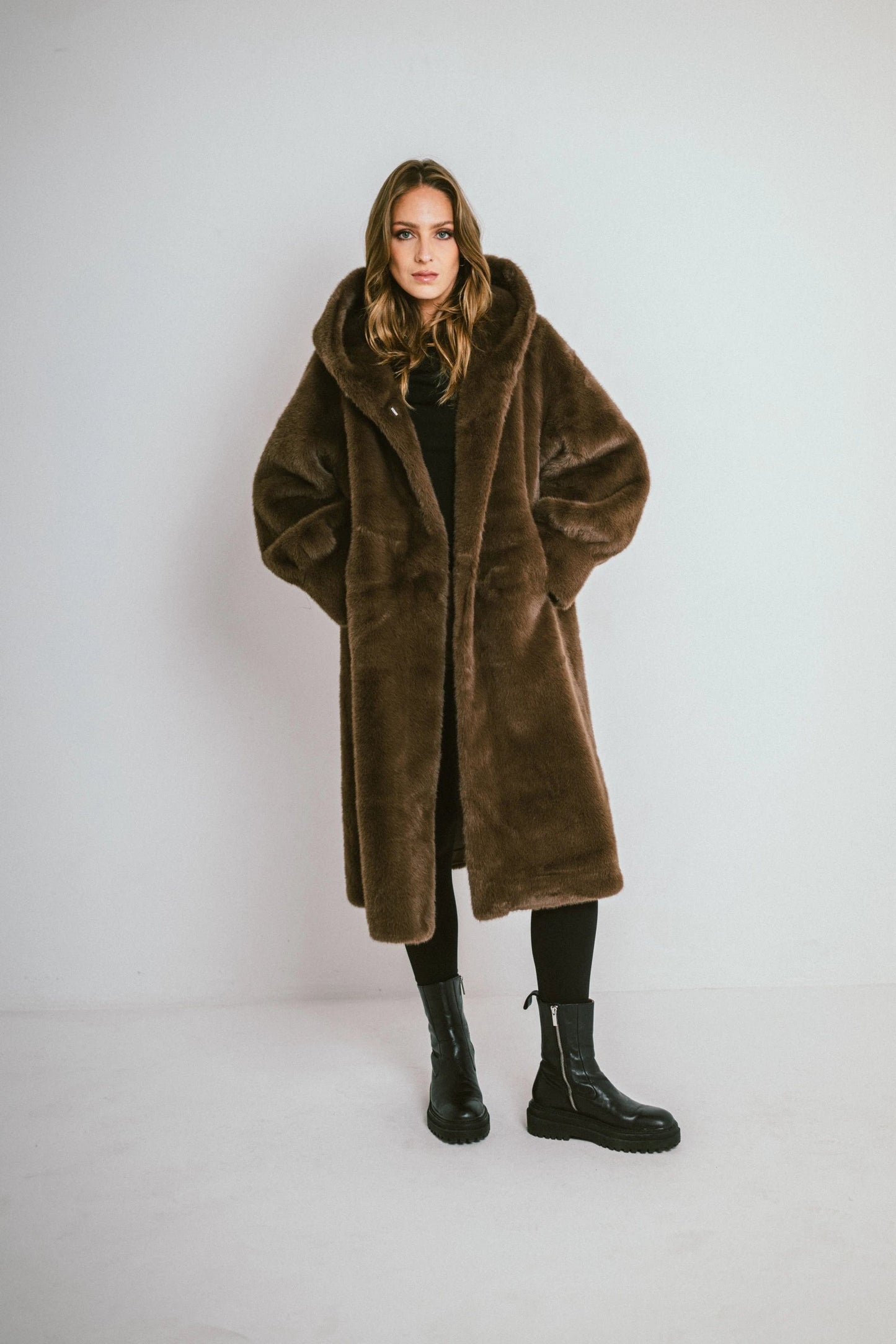 Long hooded coat in premium faux fur