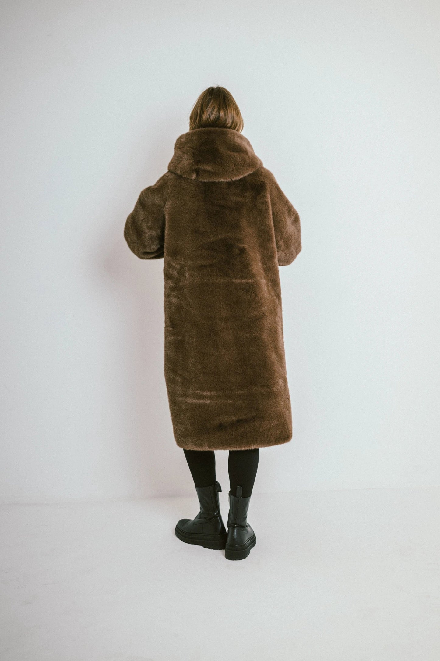 Long hooded coat in premium faux fur