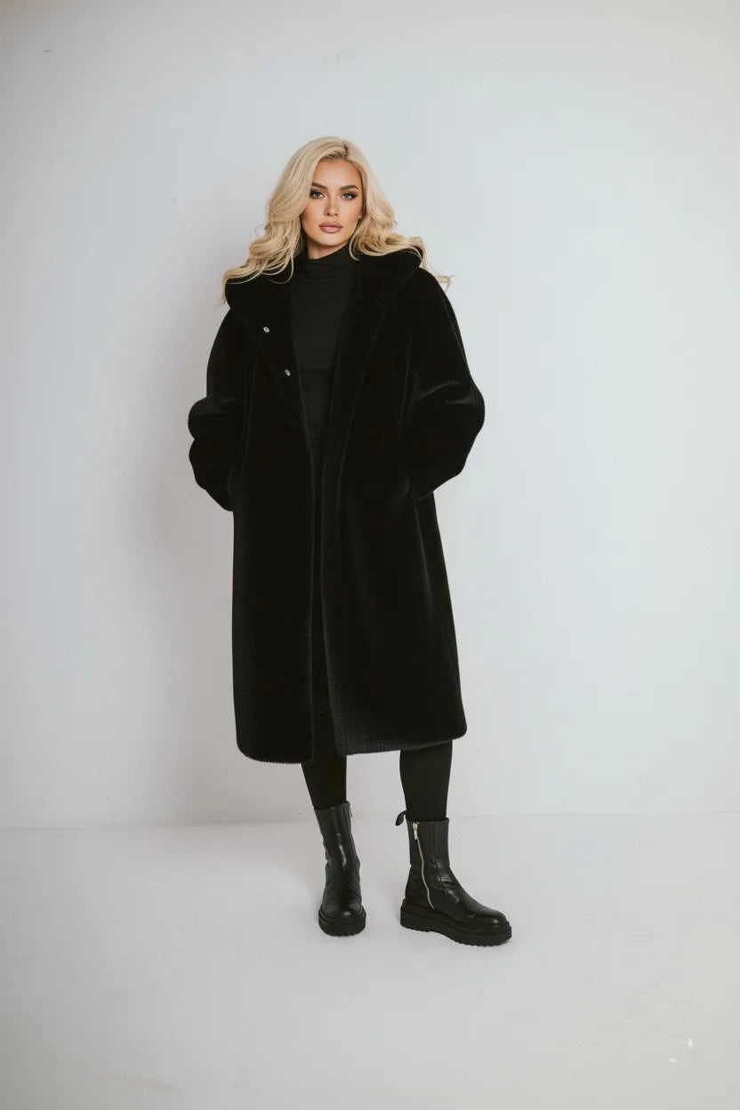 Long hooded coat in premium faux fur