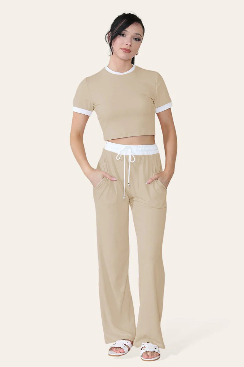 Ribbed Contrast Wide Leg Flared Trousers And Top Loungewear Cropped Set