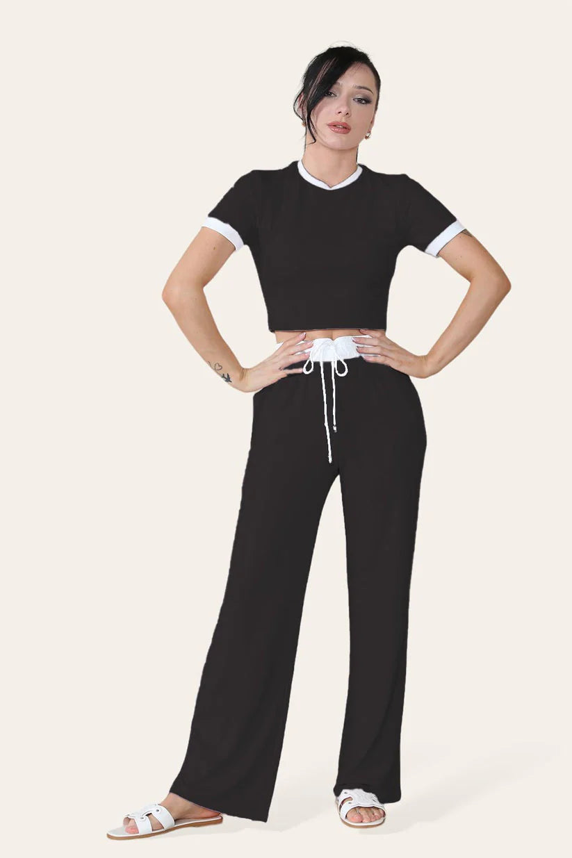 Ribbed Contrast Wide Leg Flared Trousers And Top Loungewear Cropped Set