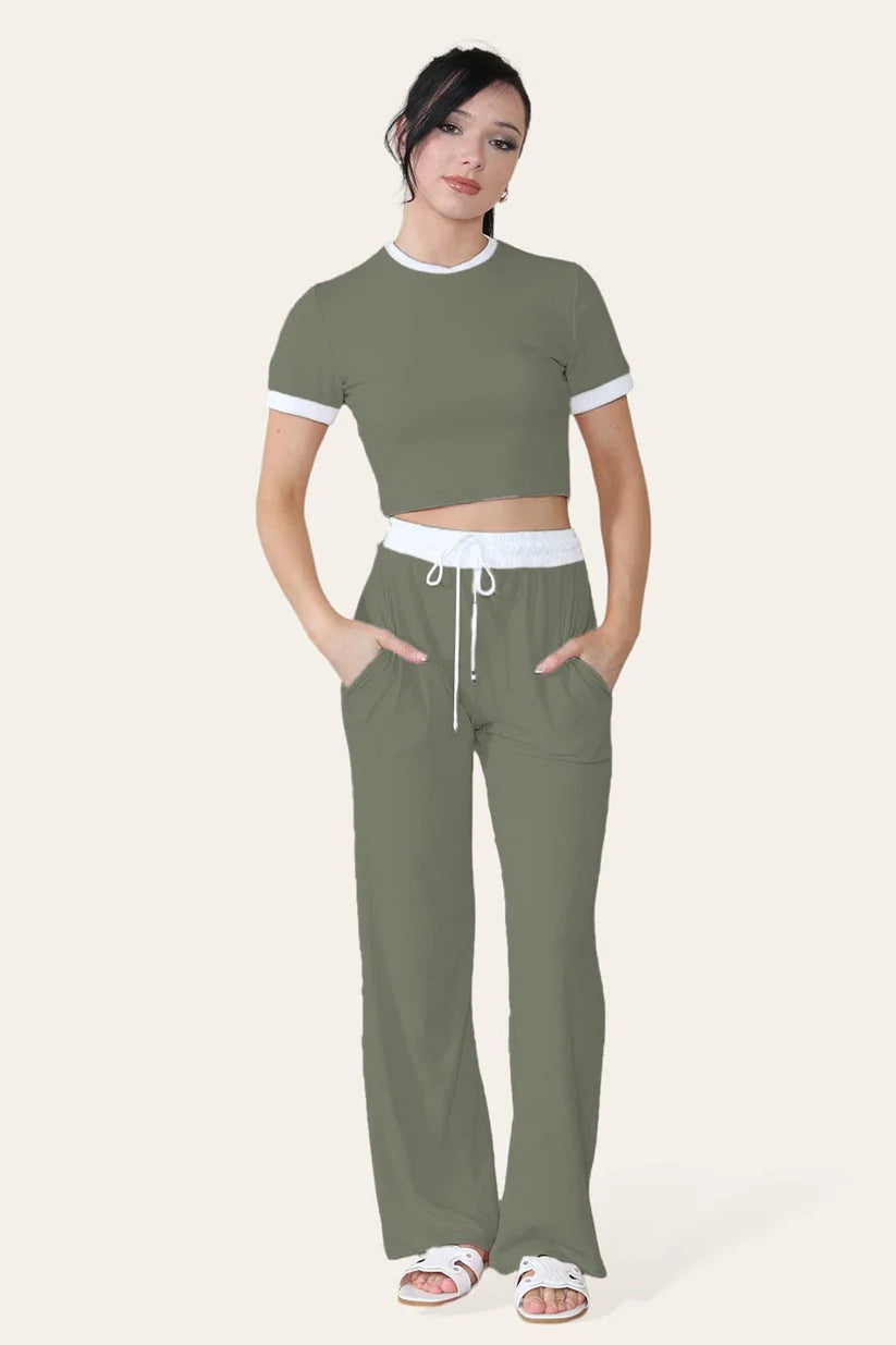 Ribbed Contrast Wide Leg Flared Trousers And Top Loungewear Cropped Set