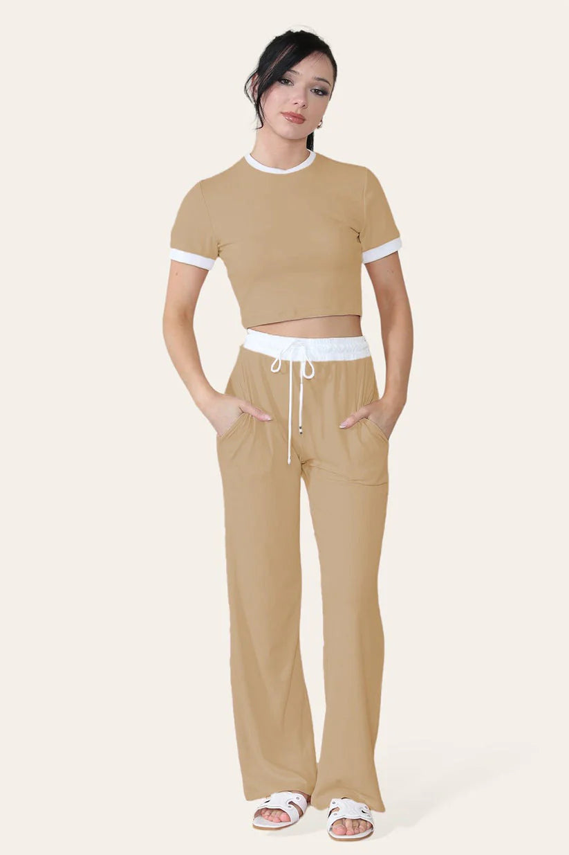 Ribbed Contrast Wide Leg Flared Trousers And Top Loungewear Cropped Set