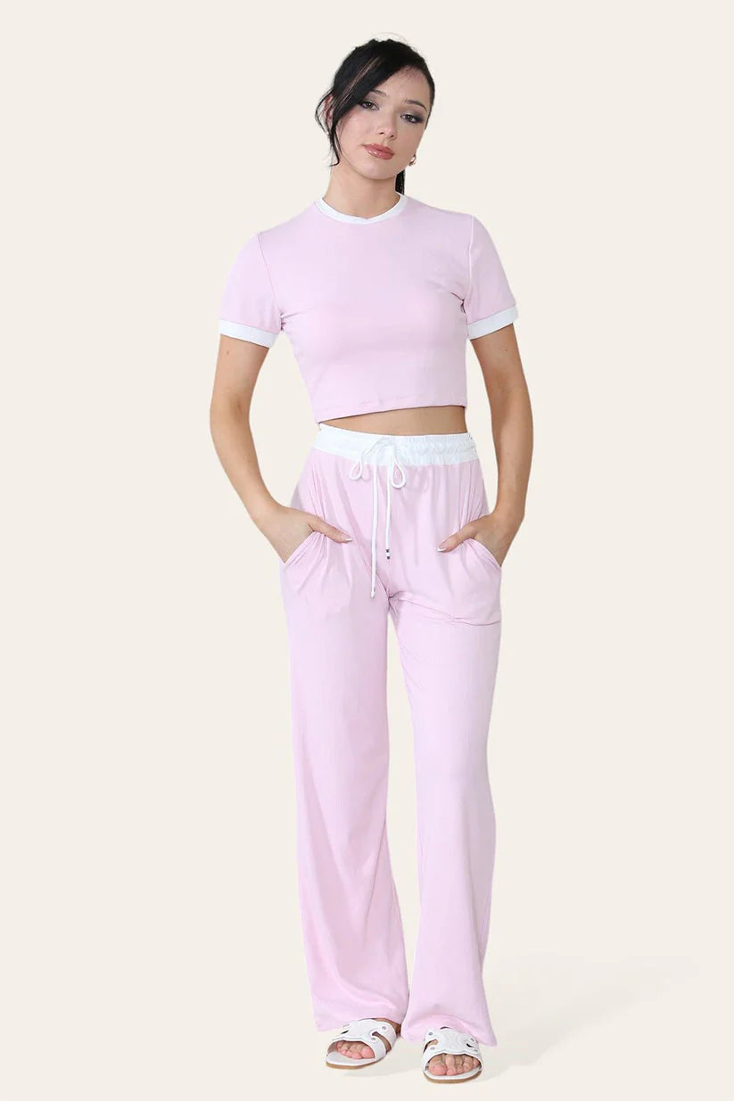 Ribbed Contrast Wide Leg Flared Trousers And Top Loungewear Cropped Set