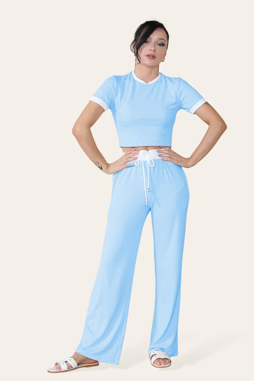 Ribbed Contrast Wide Leg Flared Trousers And Top Loungewear Cropped Set