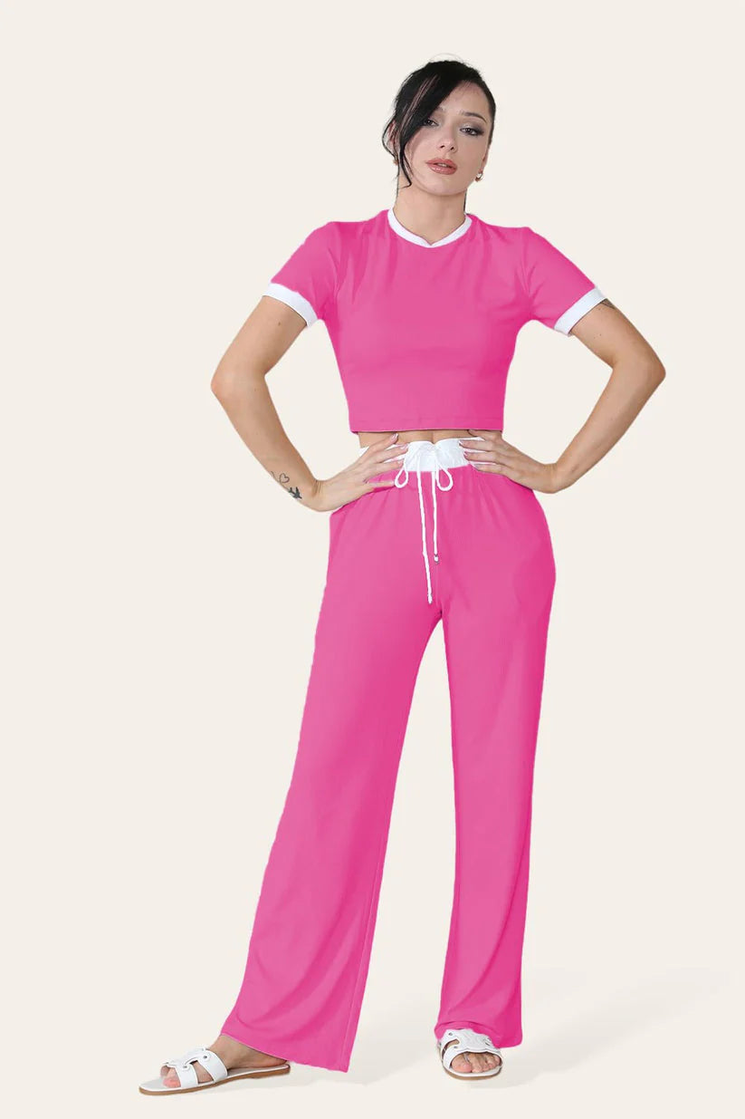 Ribbed Contrast Wide Leg Flared Trousers And Top Loungewear Cropped Set