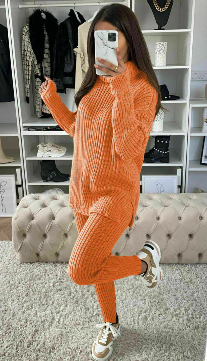 Chunky Knitted Ribbed Polo High Neck Top Leggings Loungewear Set