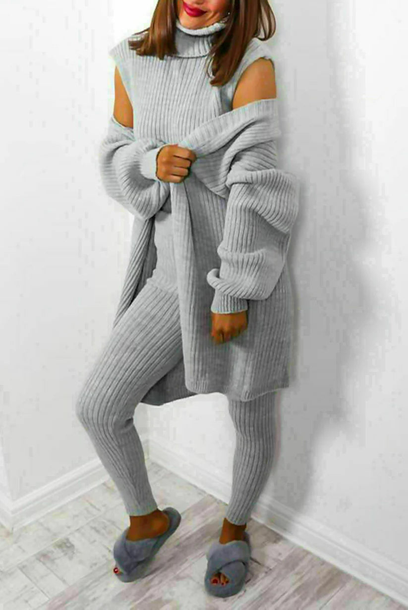 3 Piece Suit Roll Neck Chunky Knitted Ribbed Tracksuit Lounge Set