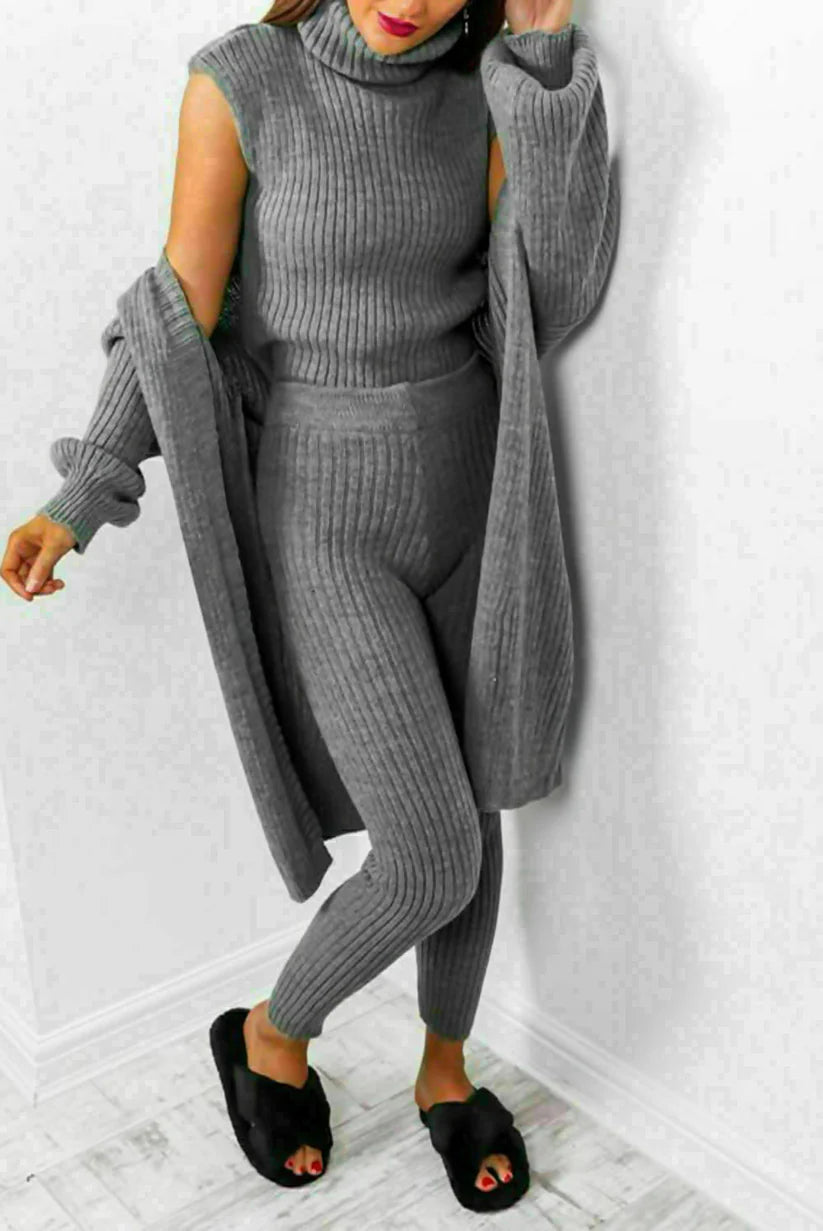 3 Piece Suit Roll Neck Chunky Knitted Ribbed Tracksuit Lounge Set