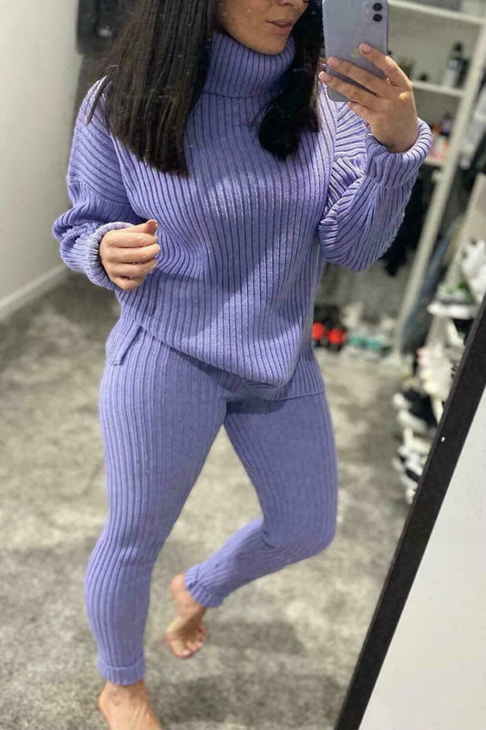 Chunky Knitted Ribbed Polo High Neck Top Leggings Loungewear Set