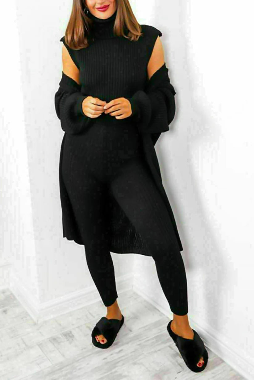 3 Piece Suit Roll Neck Chunky Knitted Ribbed Tracksuit Lounge Set