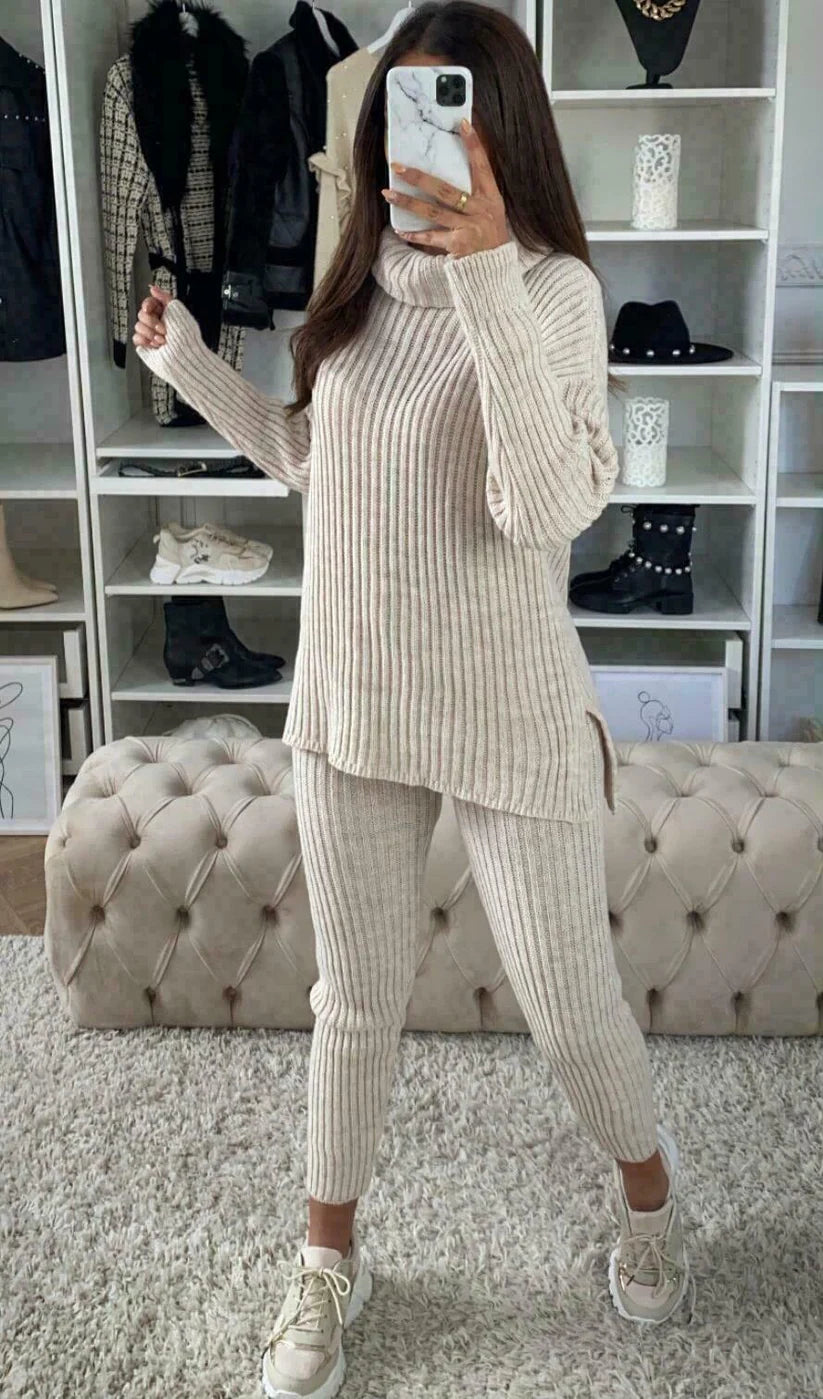 Chunky Knitted Ribbed Polo High Neck Top Leggings Loungewear Set