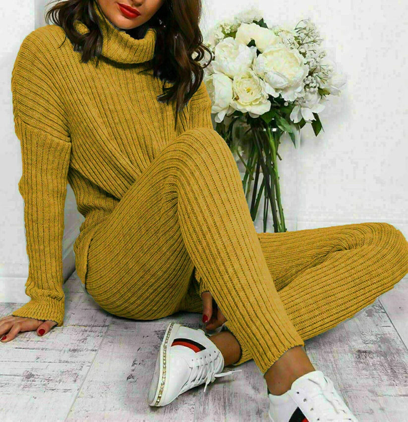 Chunky Knitted Ribbed Polo High Neck Top Leggings Loungewear Set