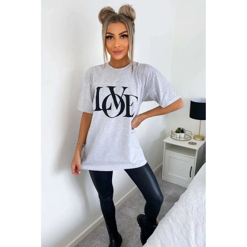 Oversized Love Print Slogan Short Sleeves T Shirt Top