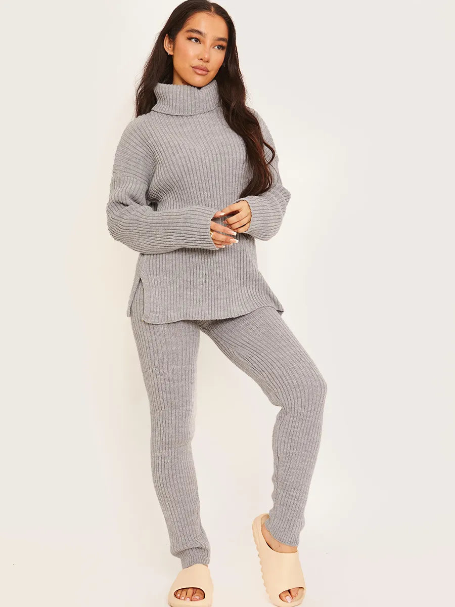 Chunky Knitted Ribbed Polo High Neck Top Leggings Loungewear Set